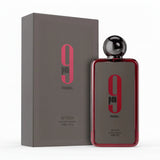 Perfume bottle and packaging of 9pin Rebel by Afshan on a white background