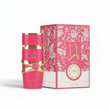 Pink Yara perfume bottle and packaging on a white background