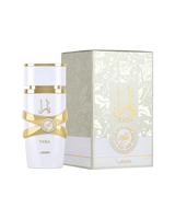 White and gold perfume bottle with matching box on a white background
