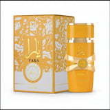 Yellow perfume bottle and packaging with 'Yara' branding on a white background