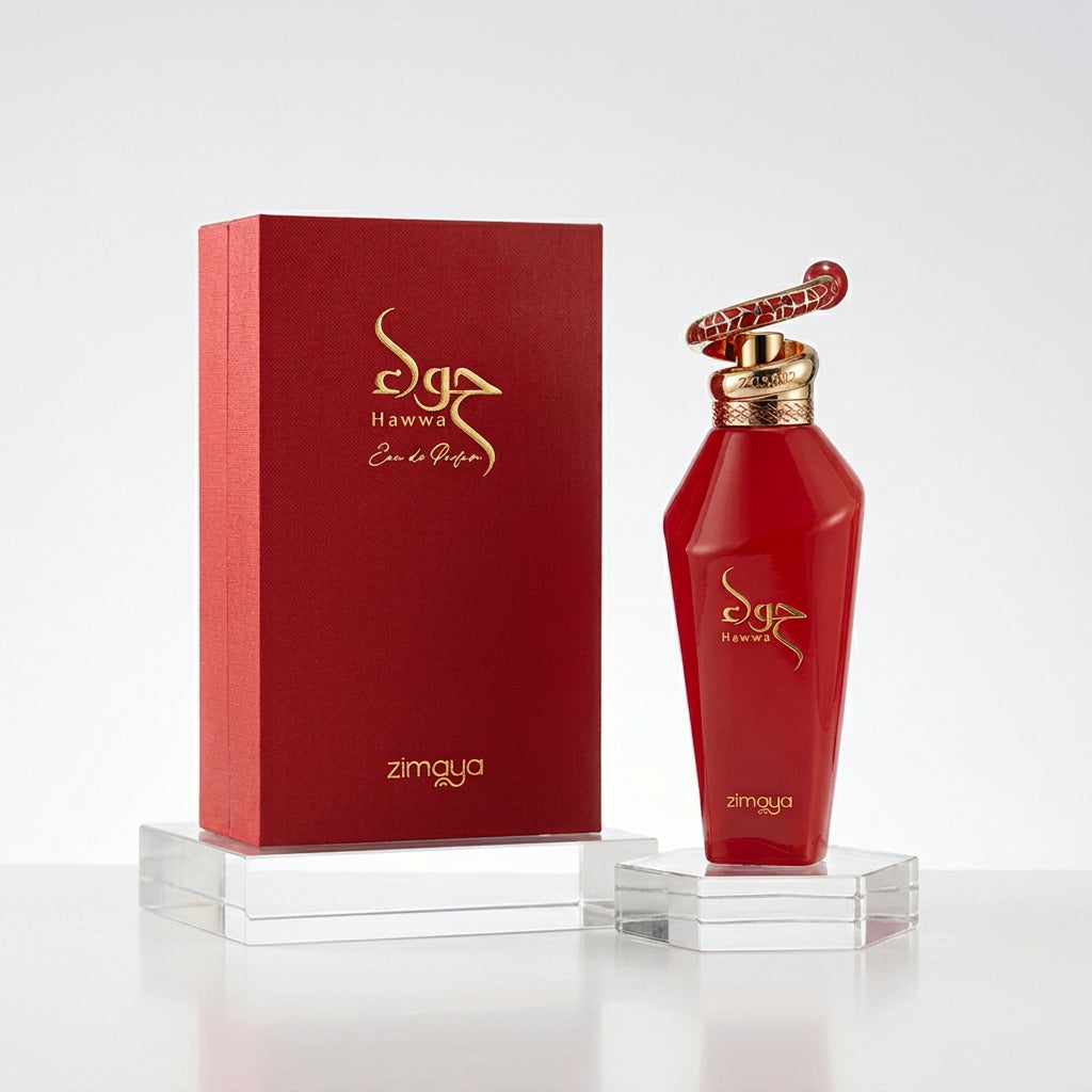 Red Zimgya Hawwa perfume bottle and packaging on a white background