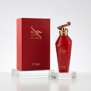 Red Zimgya Hawwa perfume bottle and packaging on a white background