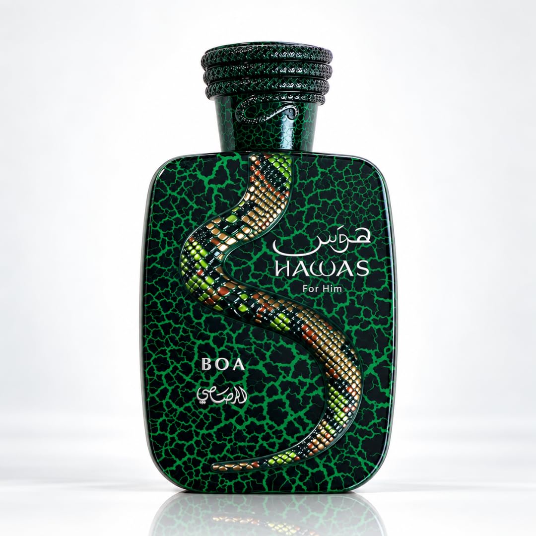 A rectangular perfume bottle with rounded corners, featuring a dark green crackle pattern and a central multicolored snake design. The bottle has Arabic calligraphy, the text 'HAWAS', 'BOA', and 'For Him' in white.