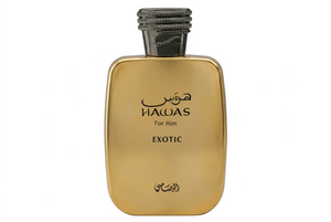 Perfume bottle labeled 'Hawas for Him Exotic' on a white background