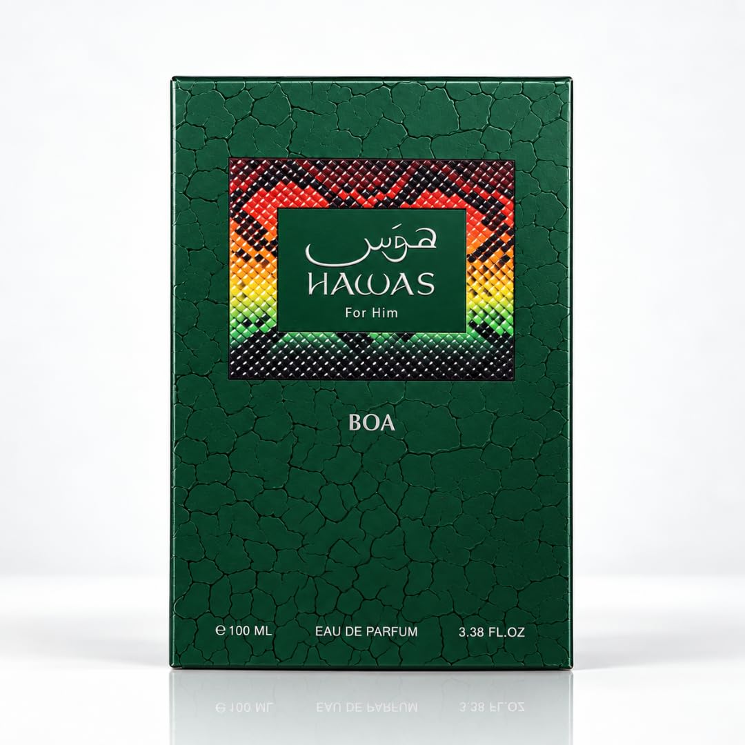 A rectangular green perfume box labeled HAWAS For Him and BOA, photographed upright on a clean white background with a faint reflection below.