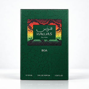 A rectangular green perfume box labeled HAWAS For Him and BOA, photographed upright on a clean white background with a faint reflection below.