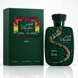Haloas BOA For Him Eau De Parfum bottle and matching box, both in dark green with a textured crackle pattern and a green and gold snake graphic.