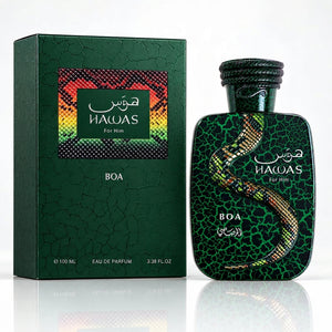 Haloas BOA For Him Eau De Parfum bottle and matching box, both in dark green with a textured crackle pattern and a green and gold snake graphic.