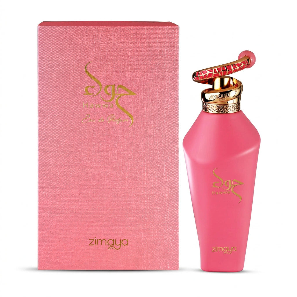 Pink perfume bottle with a gold cap next to its pink textured box, both featuring gold 'zimaya' branding on a light gray background.